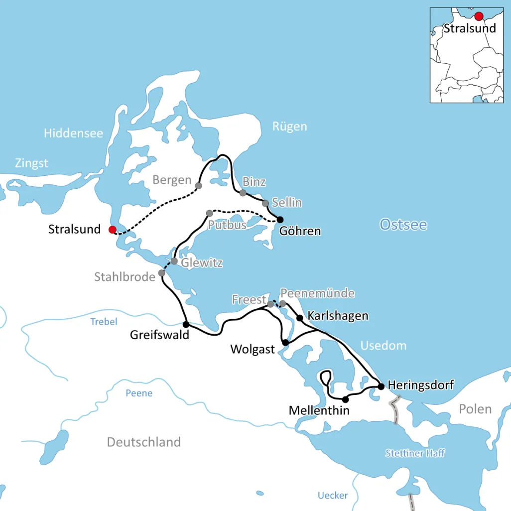 Karte zur Radtour auf Rügen und Usedom
